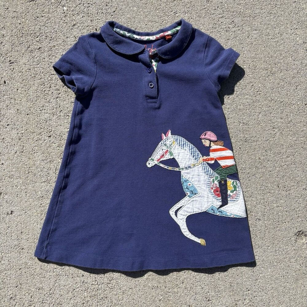 Mini Boden 3/4 Toddler Navy Collared Preppy Cotton Horse Appliqué Dress